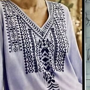 J. Jill  V-Neck Tunic with Navy Embroidery